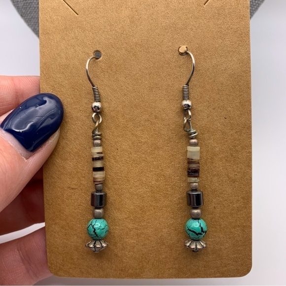 Faux Turquoise Blue and Brown Long Beaded Dangle Earrings Silver Tone Hook - Picture 5 of 5